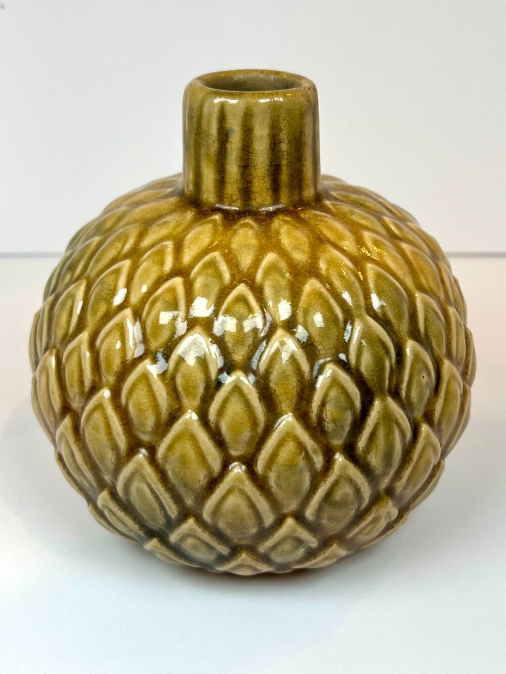 Vanilla Fly Denmark Ceramic Bud Vase Curry Yellow Leaf Pinecone MCM Style Retro
